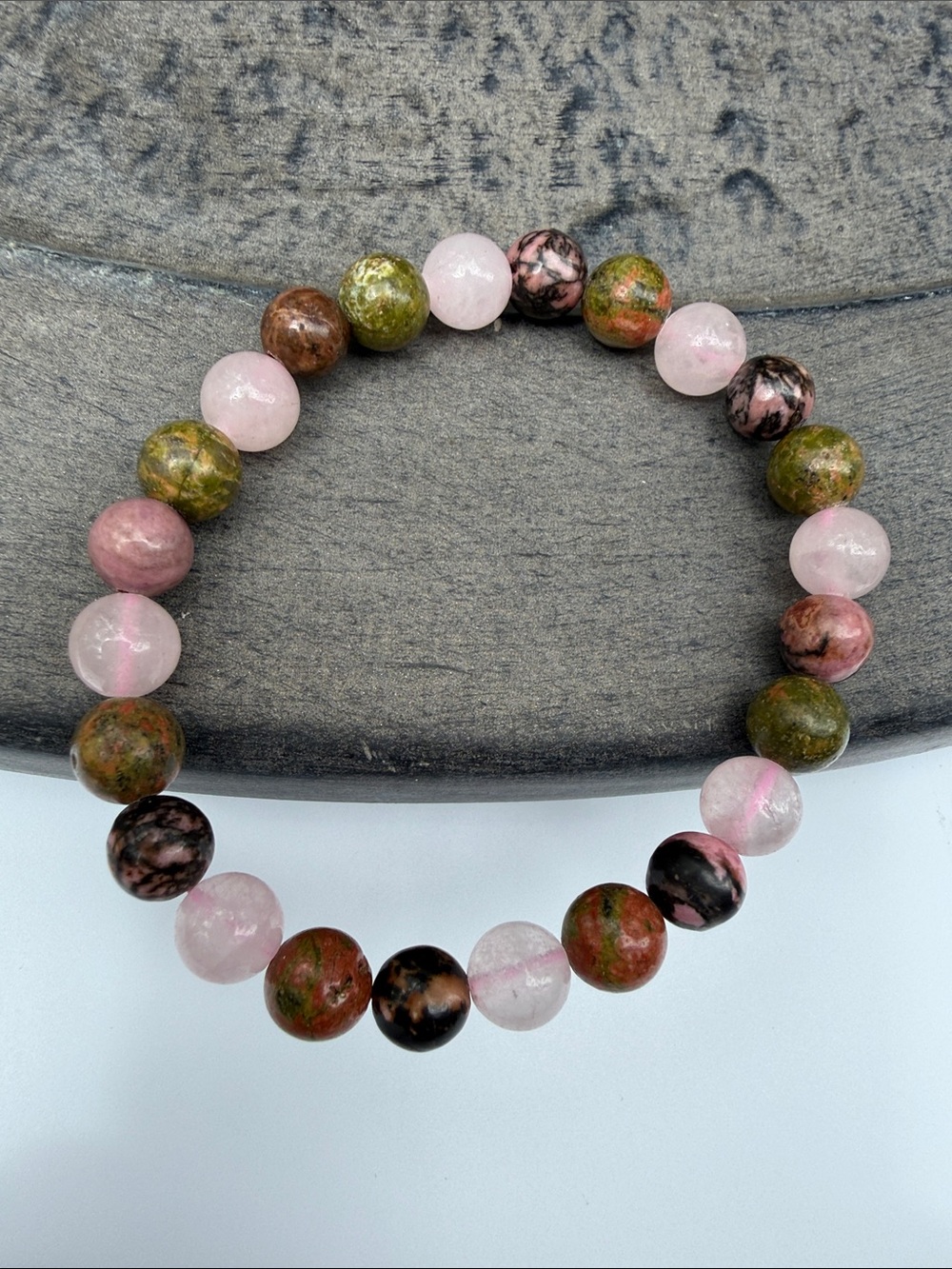 Artisan Rose Quartz, Rhodonite, Unakite Natural Size 7 Bead Stretch Bracelet 8mm